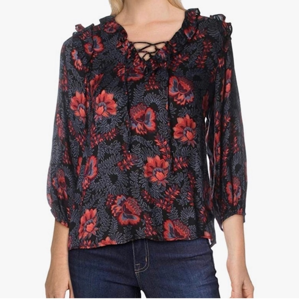Jessica Simpson Lace Up Popover Top Lucia Black Purple Red Ruffle 3X Peasant